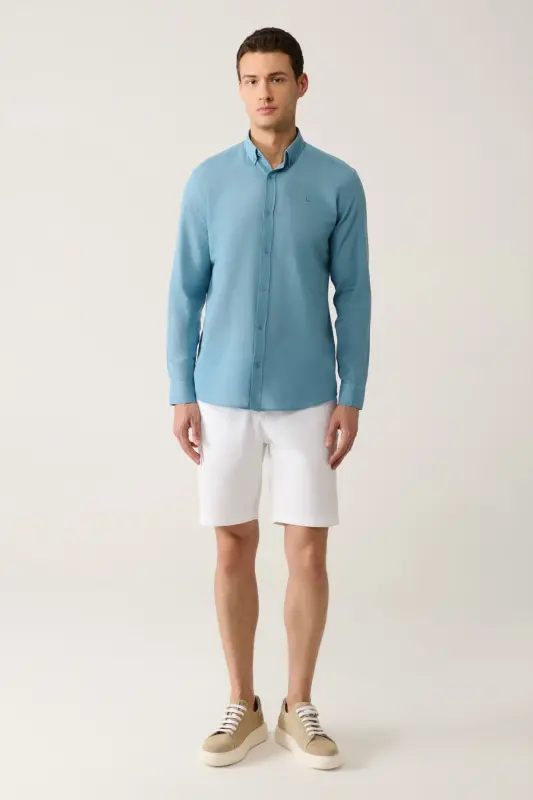 Erkek İndigo Düğmeli Yaka Pamuk İnce Regular Fit Gömlek E002206-İndigo - 5