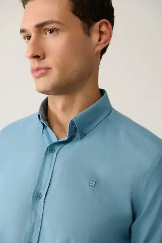 Erkek İndigo Düğmeli Yaka Pamuk İnce Regular Fit Gömlek E002206-İndigo - AVVA (1)