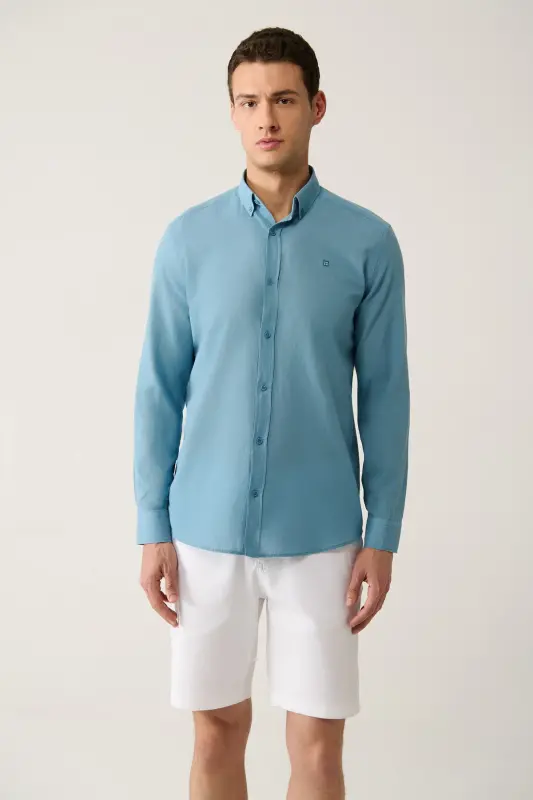 Erkek İndigo Düğmeli Yaka Pamuk İnce Regular Fit Gömlek E002206-İndigo - 1