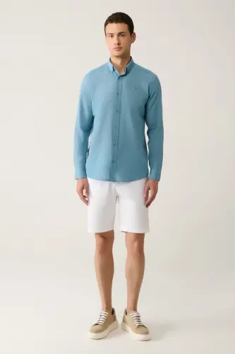 Erkek İndigo Düğmeli Yaka Pamuk İnce Regular Fit Gömlek E002206-İndigo - 5