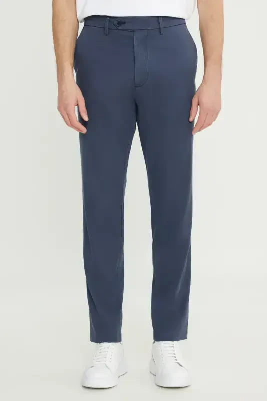 Erkek İndigo-Gri Pamuklu Slim Fit Dar Kesim Yan Cep Esnek Casual Pantolon - 1