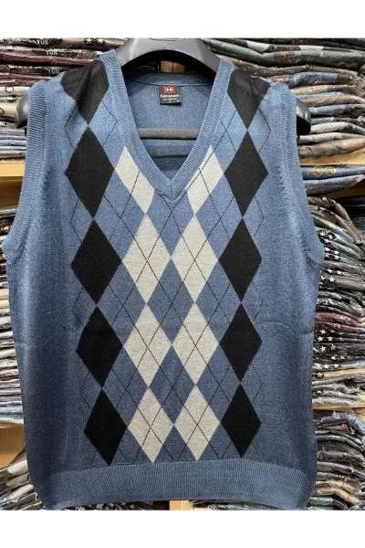 Erkek Indigo Kareli Desenli V Yaka Ince Triko Süveter-İNDİGO - FATELLA