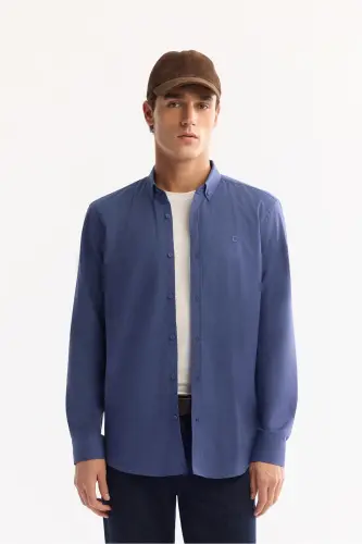 Erkek İndigo Keten Dokulu Gömlek E002141-İndigo 