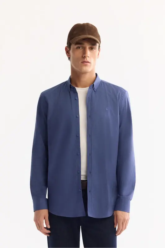 Erkek İndigo Keten Dokulu Gömlek E002141-İndigo - AVVA