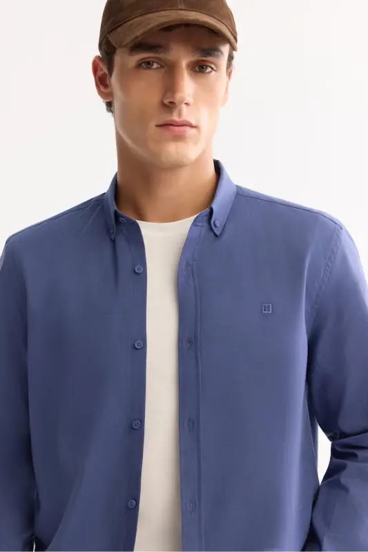 Erkek İndigo Keten Dokulu Gömlek E002141-İndigo - 2
