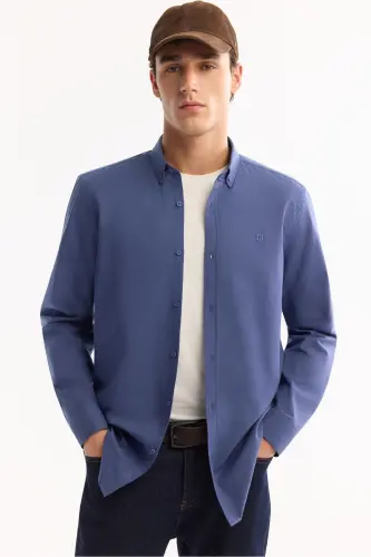 Erkek İndigo Keten Dokulu Gömlek E002141-İndigo - 5