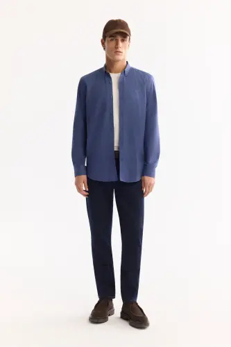 Erkek İndigo Keten Dokulu Gömlek E002141-İndigo - 6