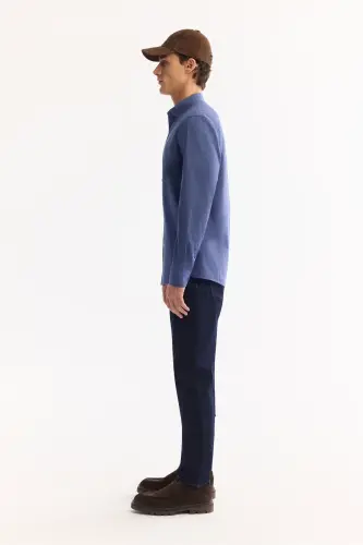 Erkek İndigo Düğmeli Yaka %100 Pamuk Keten Dokulu Comfort Fit Gömlek E002141 - İndigo - 3
