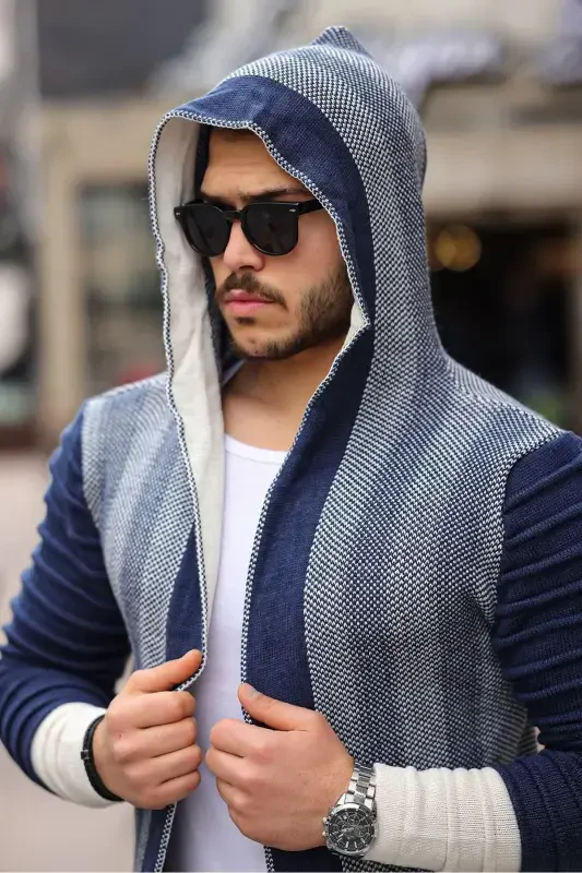 Erkek İndigo Kolları Desenli Panço Hırka-İndigo - 5