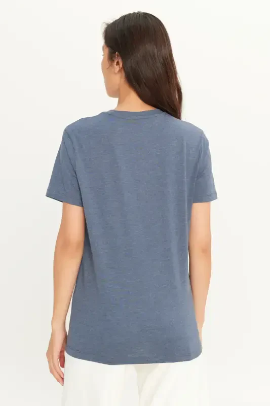 Erkek Indigo Melanj Pamuklu Slim Fit Dar Kesim Bisiklet Yaka Basic Tişört-INDIGO MELANJ - 4