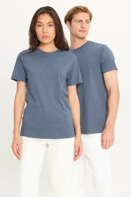 Erkek Indigo Melanj Pamuklu Slim Fit Dar Kesim Bisiklet Yaka Basic Tişört-INDIGO MELANJ - 10