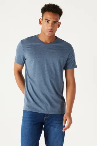 Erkek İndigo Melanj Pamuklu Slim Fit Dar Kesim Bisiklet Yaka Basic Tişört-INDIGO MELANJ 