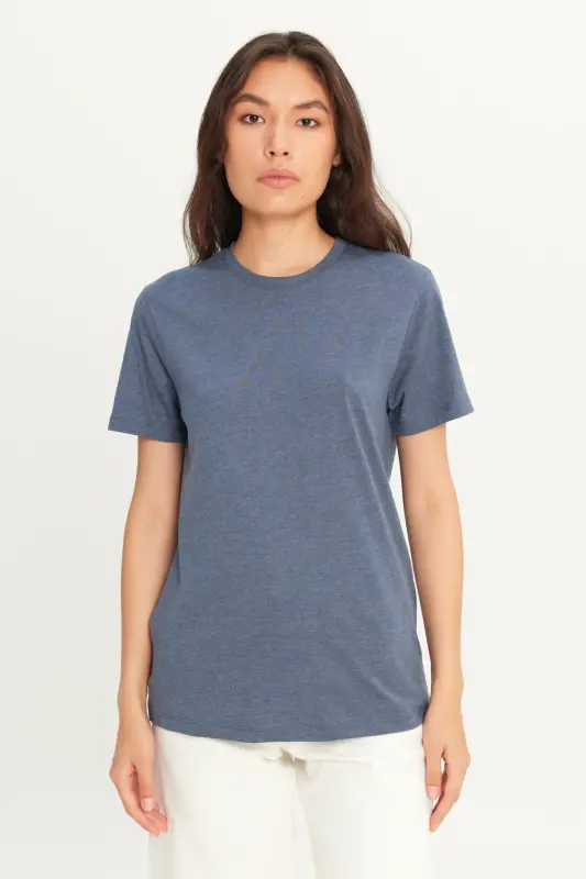 Erkek Indigo Melanj Pamuklu Slim Fit Dar Kesim Bisiklet Yaka Basic Tişört-INDIGO MELANJ - 14