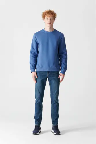 Erkek İndigo Şardonlu Kumaş Bisiklet Yaka Basic Sweatshirt E001017-İndigo - 5