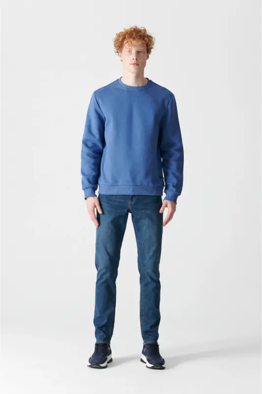 Erkek İndigo Şardonlu Kumaş Bisiklet Yaka Basic Sweatshirt E001017-İndigo - 5