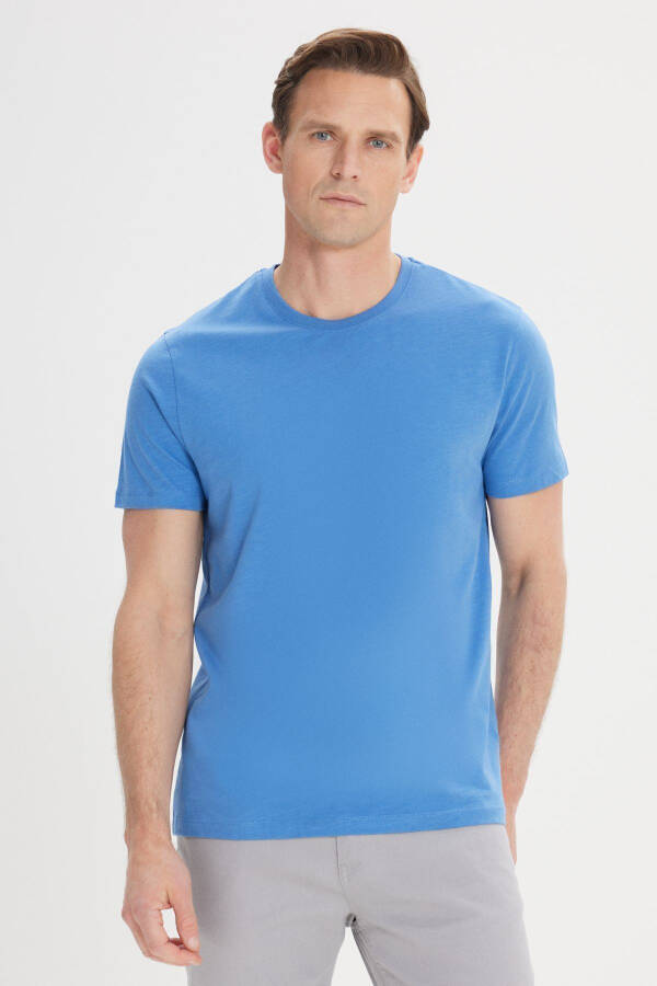 Erkek İndigo Slim Fit Dar Kesim %100 Pamuk Bisiklet Yaka Tişört - İndigo - 1