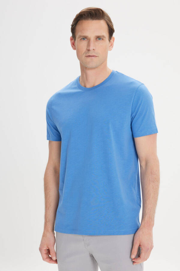Erkek İndigo Slim Fit Dar Kesim %100 Pamuk Bisiklet Yaka Tişört - İndigo - 3