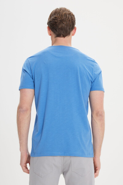 Erkek İndigo Slim Fit Dar Kesim %100 Pamuk Bisiklet Yaka Tişört - İndigo - 5