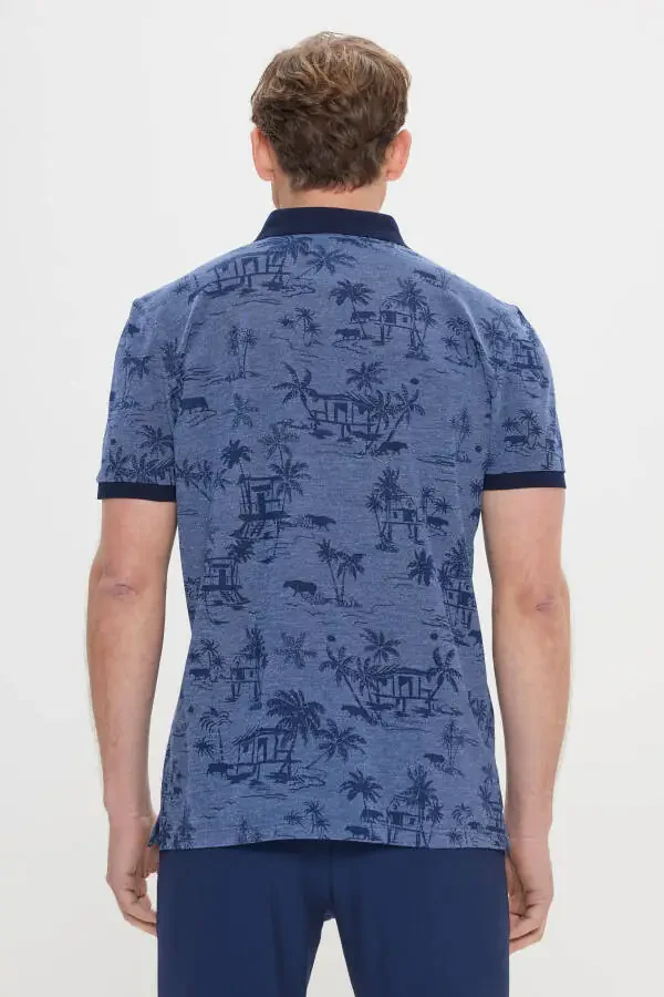 Erkek İndigo Slim Fit Dar Kesim %100 Pamuk Desenli Polo Yaka Tişört - 5