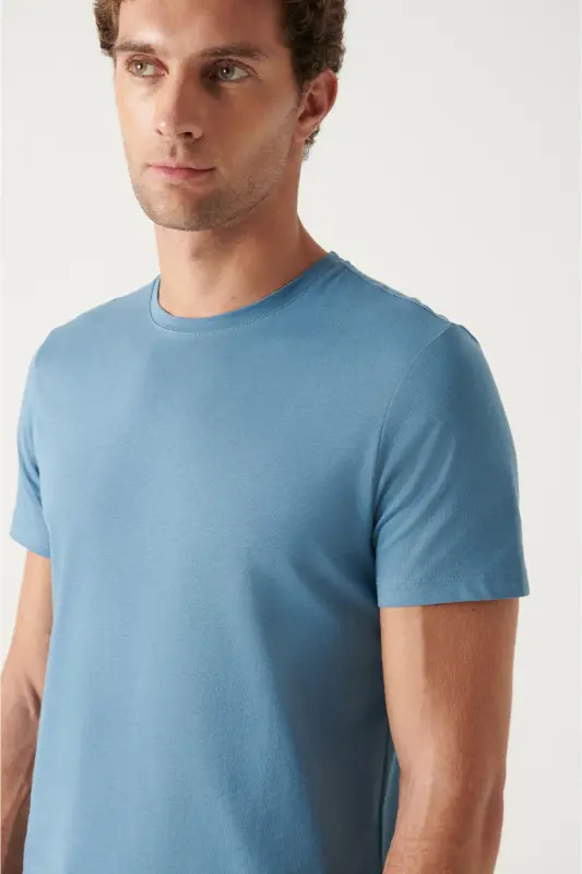 Erkek İndigo Basic Pamuklu T-shirt E001000 - İndigo - 2