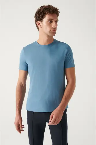Erkek İndigo Basic Pamuklu T-shirt E001000 - İndigo - 3