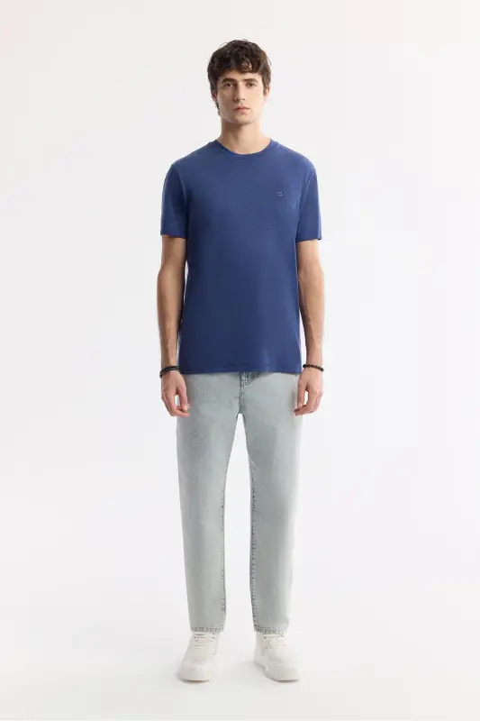 Erkek İndigo Bisiklet Yaka Bi-Stretch Soft Touch Basic Regular Fit T-Shirt B001031 - İndigo - 6