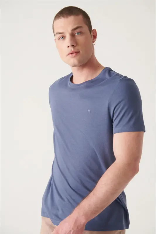 Erkek İndigo Bisiklet Yaka Soft Touch Basic Regular Fit T-Shirt B001171-İndigo - 3