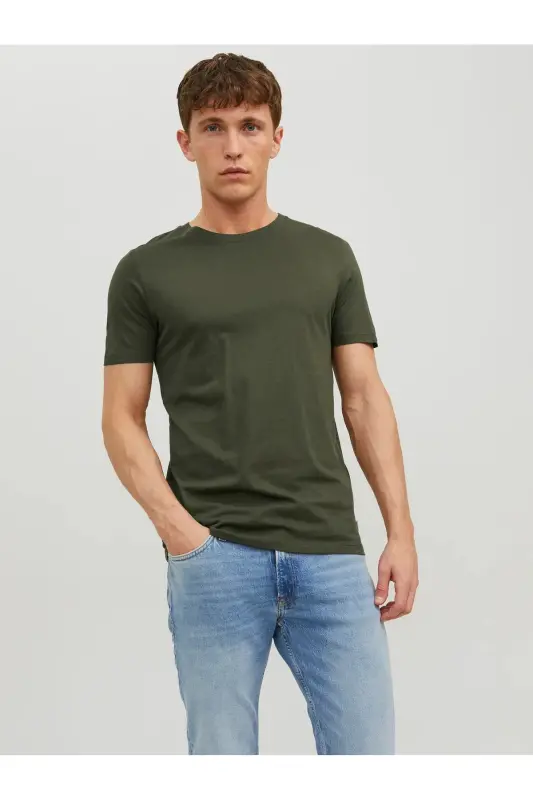 Erkek Jack & Jones Düz Bisiklet Yaka T-Shirt - Haki-Haki - JACK & JONES