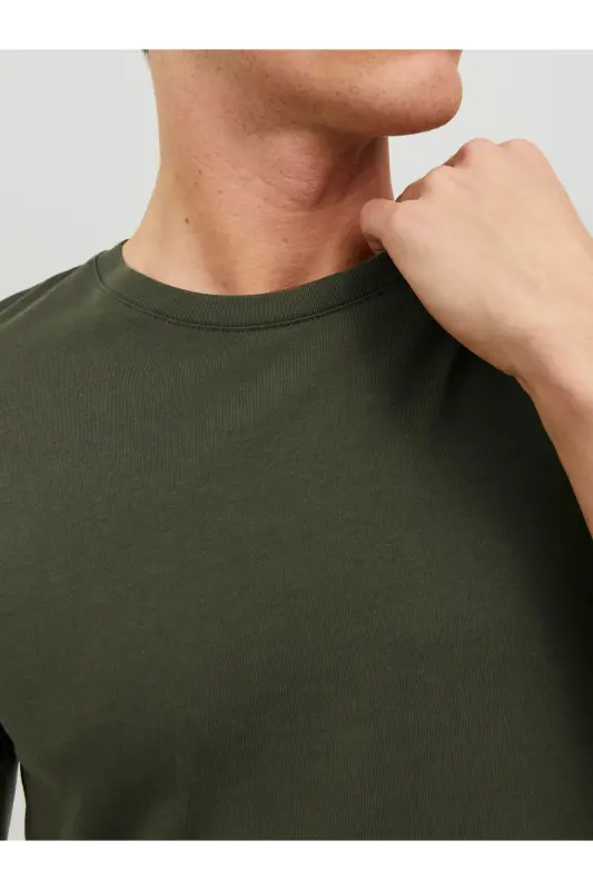 Erkek Jack & Jones Düz Bisiklet Yaka T-Shirt - Haki-Haki - 5