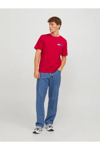 Erkek Jack & Jones Logolu Bisiklet Yaka T-Shirt - Kırmızı-Kırmızı - JACK & JONES (1)