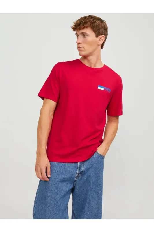 Erkek Jack & Jones Logolu Bisiklet Yaka T-Shirt - Kırmızı-Kırmızı - 1