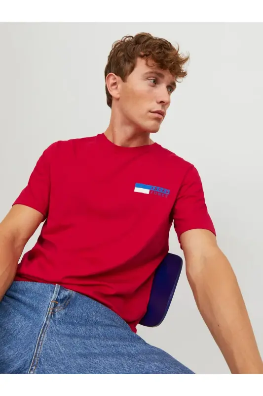 Erkek Jack & Jones Logolu Bisiklet Yaka T-Shirt - Kırmızı-Kırmızı - 3