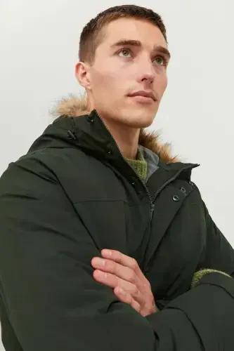 Erkek Jjchamp Kapüşonlu Uzun Mont 12236096 Koyu Yeşil-Koyu Yeşil - 3