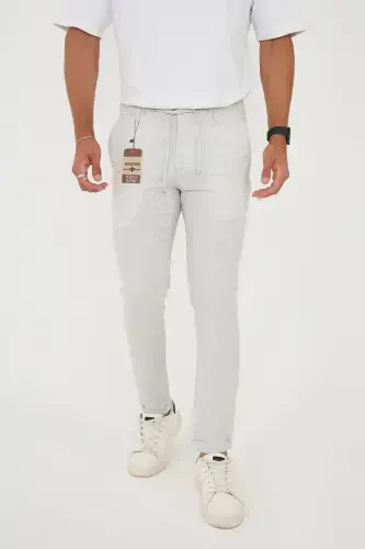 Erkek Jogger Slimfit Bel Yarım Lastikli Duble Paça Açık Gri Kumaş Pantolon-AÇIK GRİ - 2