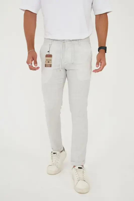 Erkek Jogger Slimfit Bel Yarım Lastikli Duble Paça Açık Gri Kumaş Pantolon-AÇIK GRİ - 2