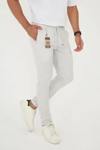 Erkek Jogger Slimfit Bel Yarım Lastikli Duble Paça Açık Gri Kumaş Pantolon-AÇIK GRİ - 3