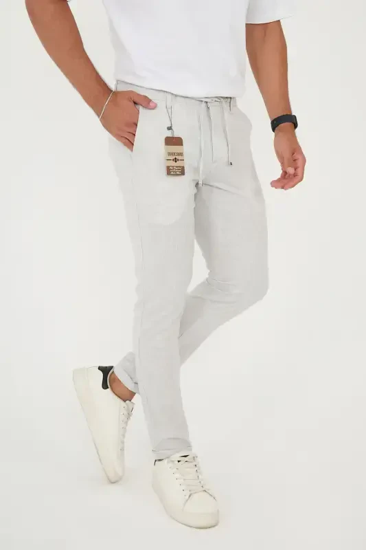 Erkek Jogger Slimfit Bel Yarım Lastikli Duble Paça Açık Gri Kumaş Pantolon-AÇIK GRİ - 3