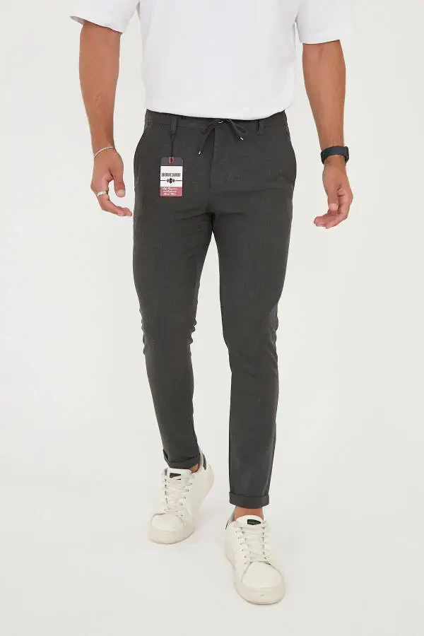 Erkek Jogger Slimfit Bel Yarım Lastikli Duble Paça Antrasit Kumaş Pantolon-Antrasit - 2