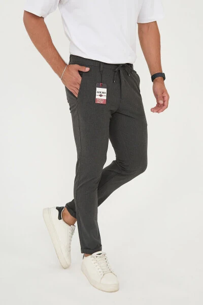 Erkek Jogger Slimfit Bel Yarım Lastikli Duble Paça Antrasit Kumaş Pantolon-Antrasit - 3