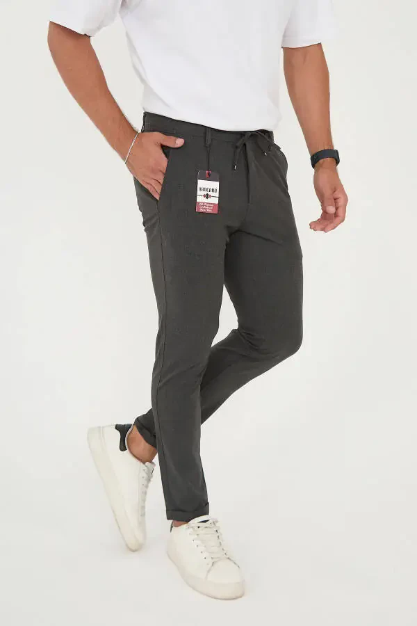 Erkek Jogger Slimfit Bel Yarım Lastikli Duble Paça Antrasit Kumaş Pantolon-Antrasit - 3