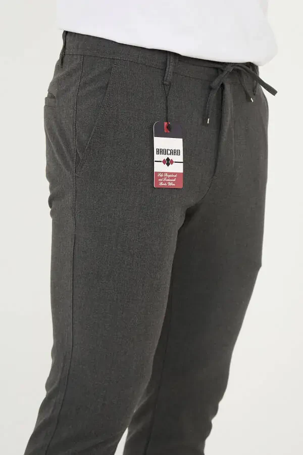 Erkek Jogger Slimfit Bel Yarım Lastikli Duble Paça Antrasit Kumaş Pantolon-Antrasit - 6