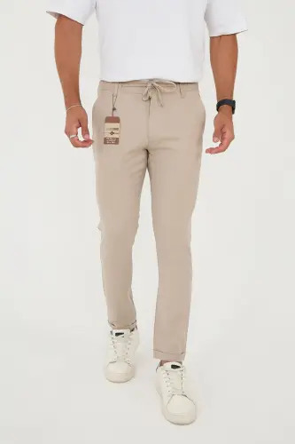 Erkek Jogger Slimfit Bel Yarım Lastikli Duble Paça Bej Kumaş Pantolon - Bej - 1