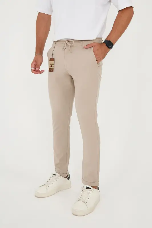 Erkek Jogger Slimfit Bel Yarım Lastikli Duble Paça Bej Kumaş Pantolon - Bej - 2