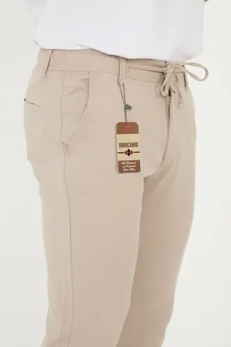Erkek Jogger Slimfit Bel Yarım Lastikli Duble Paça Bej Kumaş Pantolon - Bej - 6