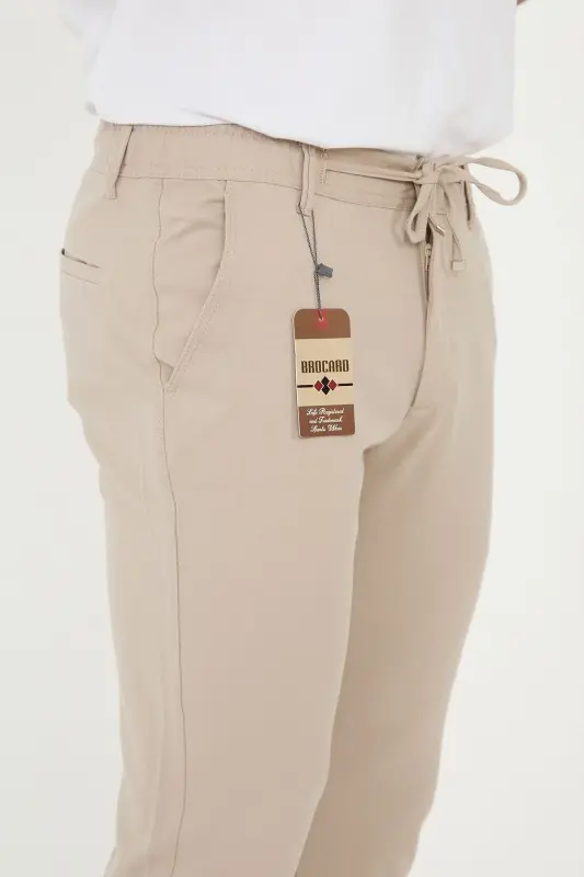 Erkek Jogger Slimfit Bel Yarım Lastikli Duble Paça Bej Kumaş Pantolon - Bej - 6