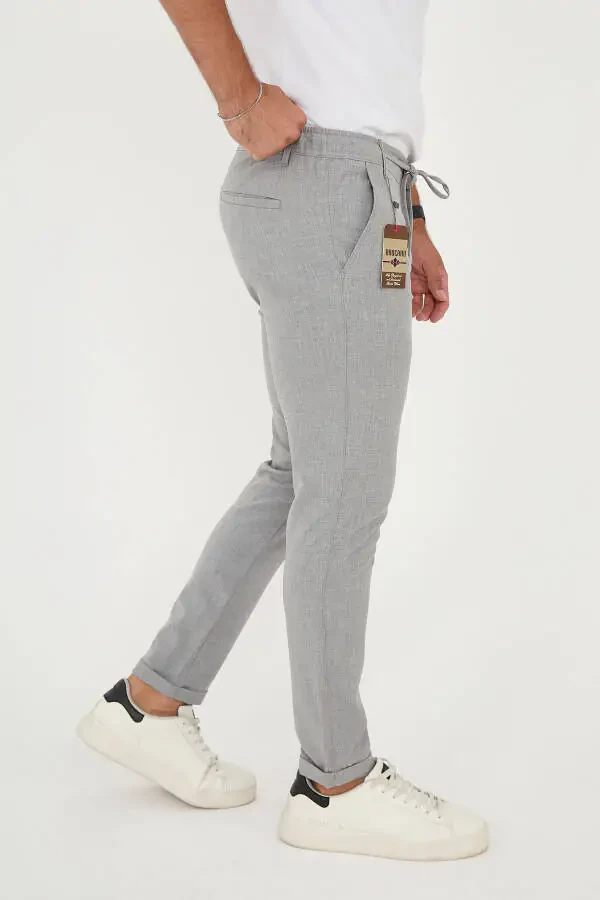 Erkek Jogger Slimfit Bel Yarım Lastikli Duble Paça Gri Kumaş Pantolon-GRİ - 2