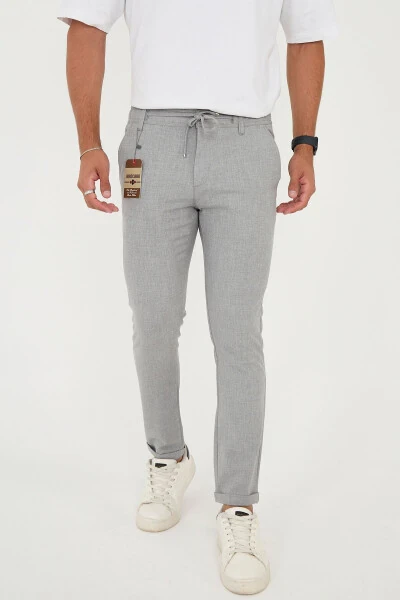 Erkek Jogger Slimfit Bel Yarım Lastikli Duble Paça Gri Kumaş Pantolon-GRİ - 4