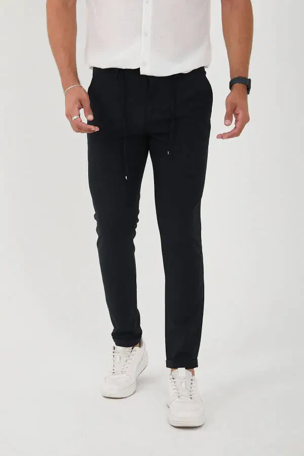 Erkek Jogger Slimfit Bel Yarım Lastikli Duble Paça Lacivert Kumaş Pantolon - 2