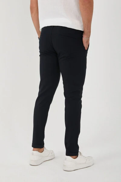 Erkek Jogger Slimfit Bel Yarım Lastikli Duble Paça Lacivert Kumaş Pantolon - 5