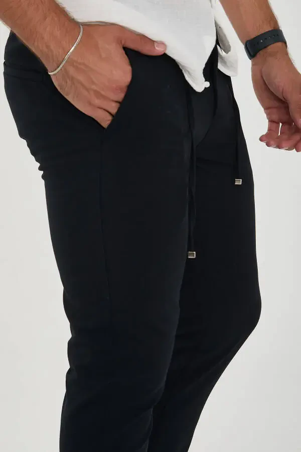 Erkek Jogger Slimfit Bel Yarım Lastikli Duble Paça Lacivert Kumaş Pantolon - 6